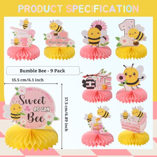 Image of 9pcs Happy 1st Bee Day Honeycomb Centerpieces Bumble Bee First Birthday Party Table Decorations Pink It's My 1st Bee Day Table Centerpiece for Girl Baby Shower Sweet as can Bee Table Topper Sign Decor
