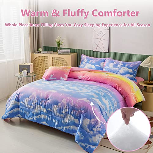 Perfemet Full Size Bedding Sets For Girls, 6 Pieces Blue Sky And White Cloud Print Comforter Set Bed In A Bag, Rainbow Ombre Bedding Comforter Sets With Sheets (Cloud Pattern, Full) #TOP2