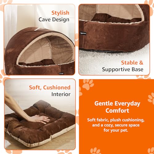 Image of Amazon Basics Pet Bed Cave | Soft & Warm Indoor Tent Bed for Cats, Kittens & Small /Medium Dogs (Pug, Beagle, Shih Tzu) | Foldable with Removable Cushion | Russet & Beige | 59 x 56 x 48 cm