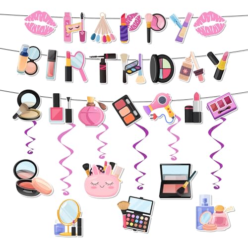 7 Pcs Makeup Birthday Party Decorations, Makeup Banner Hanging Swirls Spiral Decoration Spa Happy Birthday Banner for Spa Party Decor