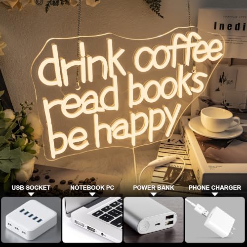 Image of Looklight Drink Coffee Read Books Be Happy Neon Sign Warm White Read Books Led Neon Light for Wall Decor Dimmable USB Neon Light Up Signs for Classroom Coffee Shop Bookstore Library Museum Study Room