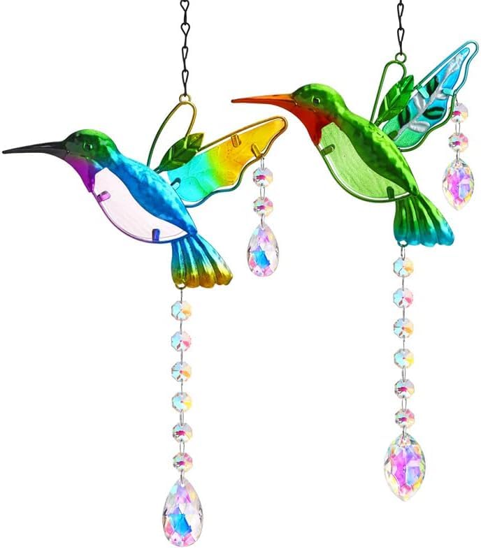 Attrape-soleil colibri de 46 cm en verre teinté et cristal pour décoration suspendue