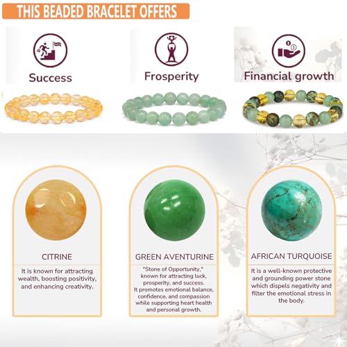 3pcs Wealth Money Bracelets,Healing Crystal Citrine African Turquoise Bracelets for Women Men,Lucky Feng Shui 8mm Natural Stone Green Aventurine Beaded Spiritual Gemstone Jewelry Gifts3