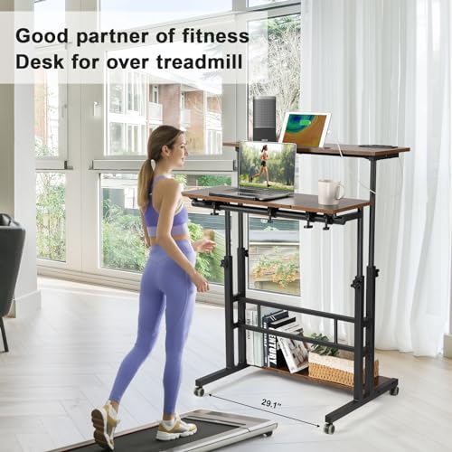 Image of Hadulcet Mobile Standing Desk Adjustable Height, Rolling Desk Stand Up Desk, Mobile Laptop Desk, Rolling Computer Desk with Charging Station, Portable Desk with Wheels, Rustic Brown