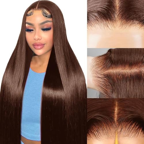 FTQZKEY Brown Glueless Wigs Human Hair Pre Plucked Pre Cut 30 Inch 7x5 HD Lace Closure 220 Density Colored Straight Wigs for Beginners Chocolate Brown Glueless Wigs Human Hair