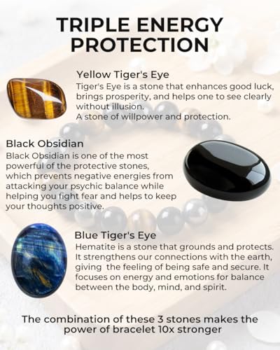 Image of Triple Protection Bracelet - 8mm Tiger Eye, Hematite & Black Obsidian Beads - Handmade Healing Crystal Energy Bracelet for Luck & Anxiety Relief - Adjustable Spiritual Jewelry Gift for Men & Women