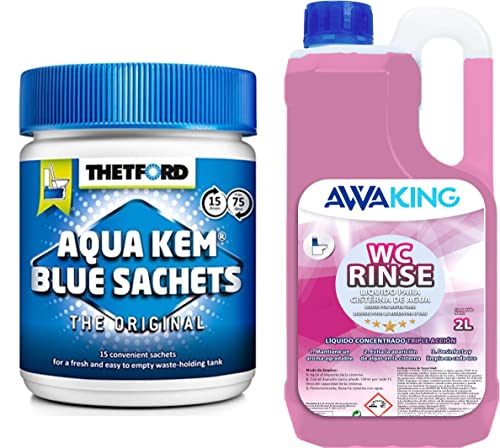 PLANTAWA Thetford Aqua KEM Blue Sachets + Rinse Awaking 2l,Líquido WC Químico,Liquido WC Potti, Aditivo Aguas Negras Caravana, Liquido Taza WC,Depósitos Autocaravanas,Concentrado,Aromatizante