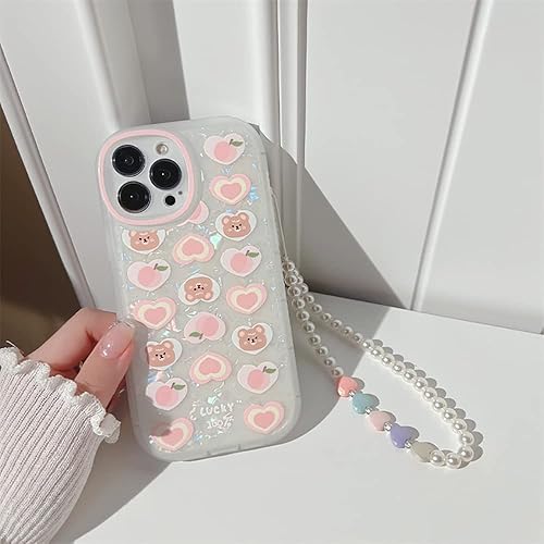 Miniatura 5 de Fycyko Funda compatible con iPhone 15 Pro Max con cadena, bonita funda estética con diseño de corazón y oso con dije de perla para iPhone 15 Pro Max