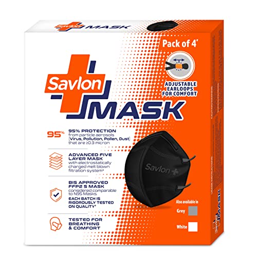 Image of Savlon Mask - Pack of 4 Black, Adjustable Ear-loops & Nose Foam Pad, BIS Certified FFP2 S Mask (Comparable to N95)