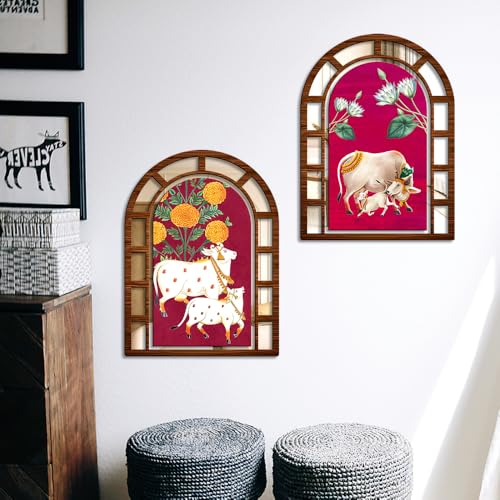 Image of Sehaz Artworks Cow Mirror Jharokha Wall Decor for Living Room - 40x30 CM