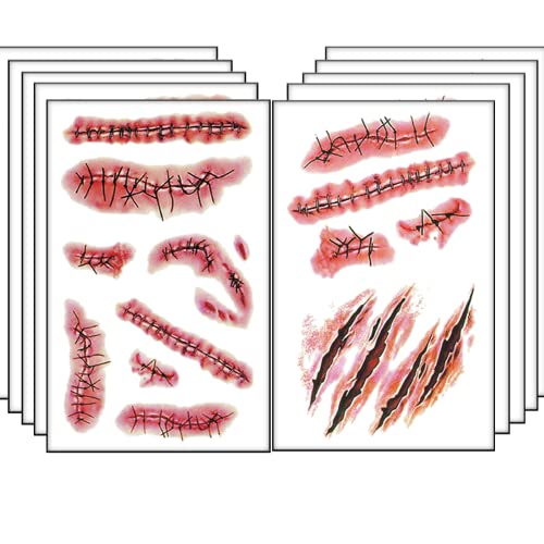 Halloween Face Temporary Tattoos 3D Body Scar Realistic Fake Face Blood Wound Stitch Tattoo Sticker Waterproof Zombie Makeup Vampire Makeup Prank Props