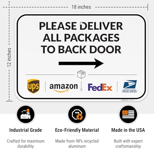 Image of Package Delivery Sign, Delivery Instructions Deliver All Package to Back Door Right Arrow Sign, 12x18 Inches, 3M EGP Reflective .063 Aluminum, Fade Resistant, Made in USA by Sigo Signs