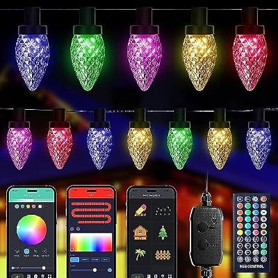C9 RGB Smart Christmas Lights, 66 Feet 100 LED C9 Color Changing Lights with Music Sync Remote APP, Waterproof Commercial Grade Extendable C9 String Lights for House Indoor Outdoor Xmas Tree Decor