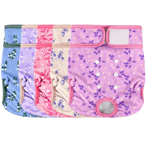 wegreeco Female Dog Diapers, Washable Reusable Pet Puppy Doggie Diapers for Small Medium Large Female Dogs in Heat Period, Doggy Period Panties, 5 Pack, Small, Purple Red Flowers