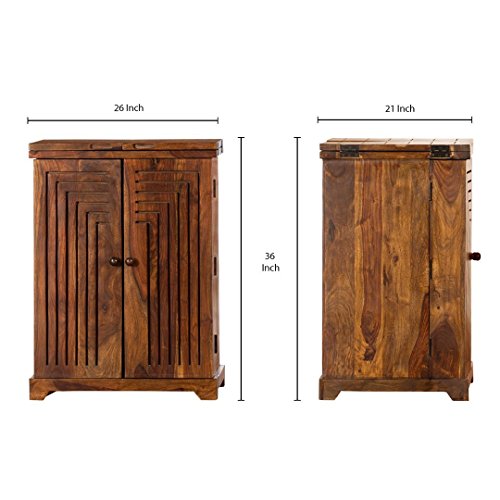Image of MADE WOOD Sheesham Wood Home Bar Cabinet | Wooden Bar Unit with Storage Wine Rack & Glass Holder | Living Room Bar Furniture with Drawer & Doors | Provincial Teak Finish