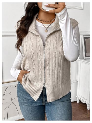 Floerns Women's Plus Size Mock Neck Zip Up Sweater Vests Sleeveless Cable Knit Cardigans4
