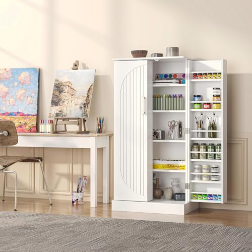 kepptory 47\" Tall Kitchen Pantry Cabinet, Snow-White Pantry Storage Cabinet with Adjustable Shelves, Barn Doors and Drawer Farmhouse Cupboard for Kitchen, Dining Room, Bathroom (16\" D x 24\" W x 47\")