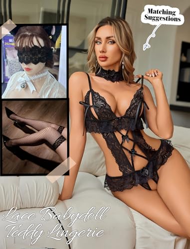 Avidlove Womens Lace Teddy Bodysuit Lingerie Set with Choker V Neck Black S - image 6
