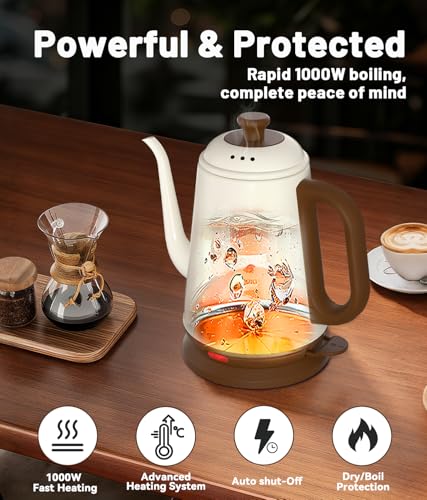 Image of Gooseneck Electric Kettle for Pour Over Coffee & Tea (White) | 1000W Fast Heating, 1L Capacity, Food-Grade Stainless Steel, Auto Shut Off, Boil Dry Protection, BPA-Free