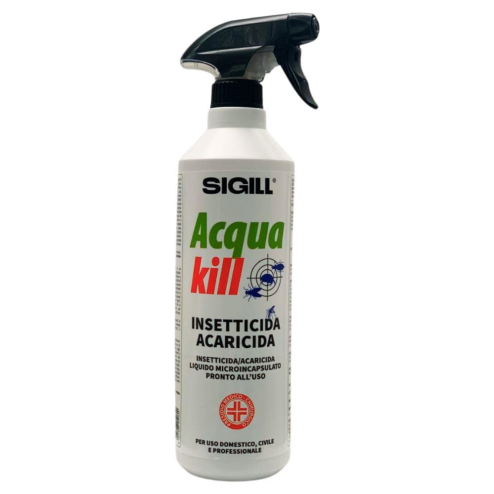 3X Insetticida Acaricida ACQUA KILL, Liquido Microincapsulato. Pronto All'Uso a Largo Spettro D'Azione e Lunga Persistenza 750ml + 100pz Guanti HDPE Monouso