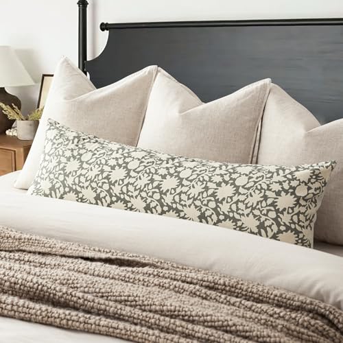 Image of Foindtower Set of 1 Decorative Floral Long Body Lumbar Throw Pillow Covers Accent Farmhouse Cushion Cover Neutral Pillowcase for Couch Sofa Bedroom Living Room Home Decor,14x36 Inch,Sage Green