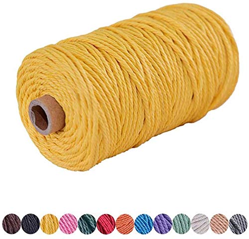 Hilo Macrame 3mm x 100m Cuerda Algodó Cordel Natural para Macramé Colgador, Colgar Fotos, Manualidades, DIY Artesanía, Decoración Bohemia (Amarillo dorado)