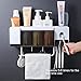 Automatic Toothpaste Dispenser Wall Mounted with Toothbrush Holder, Multi-Functional Space Saving Toothbrush Organizer with 3 Cups, No Drill Need, 4 Brush Slots and Towel Bar No Drill Need