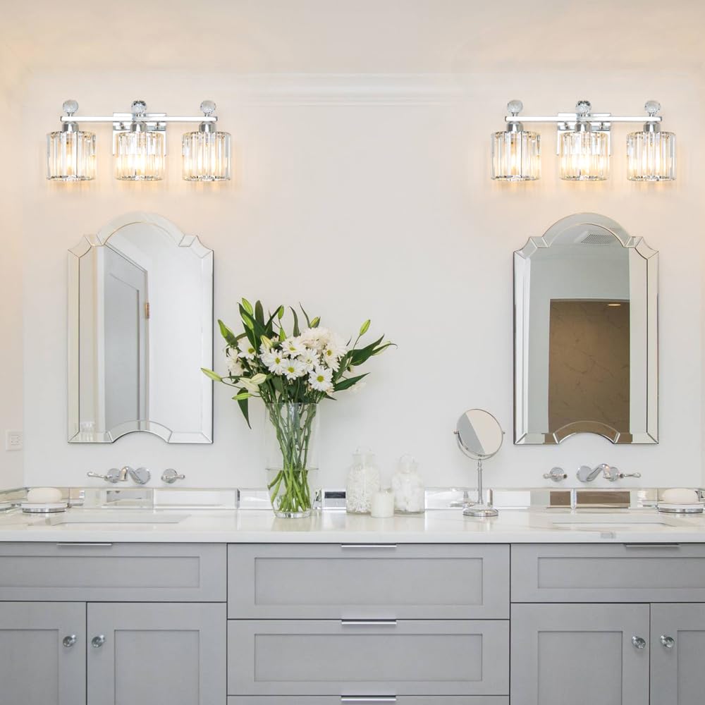 Moderna lámpara de tocador de baño de cristal, 3 luces, accesorios de iluminación cromados sobre el espejo, lámparas de pared vintage de baño, lámparas de pared de cristal para baño, sala de estar 3