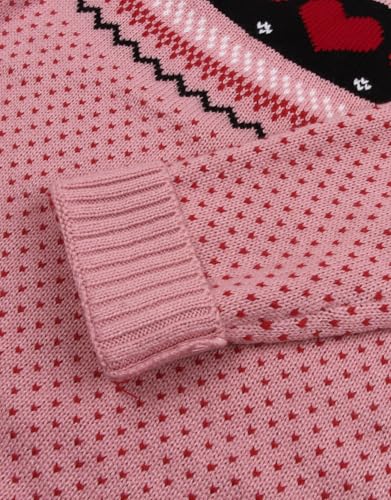 Image of Women's Fair Isle Pullover Sweaters Long Sleeve Crewenck Loose Casual Cute Heart Valentine Sweater Pink Small