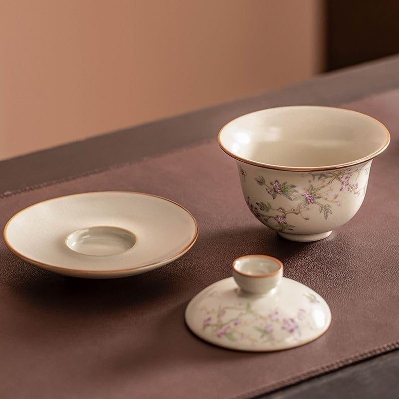 Taza de té de Porcelana China Gaiwan con platillo y Tapa, 150 ml, con diseño de Flor de glicina, Ideal para Fiestas en casa, Cocina y Oficina (Elegante Flor de glicina).