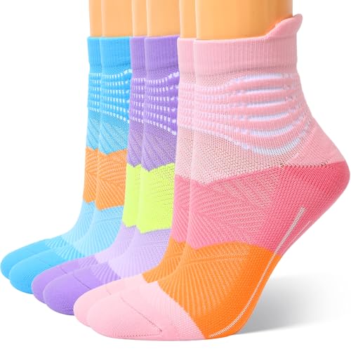 IRAMY Kompressionsstrümpfe Damen Knöchelstütze Atmungsaktive Kompressionssocken fur Plantarfasziitis Compression Socks Sportsocken 3 Paar (Pink+Purple+Blue M)