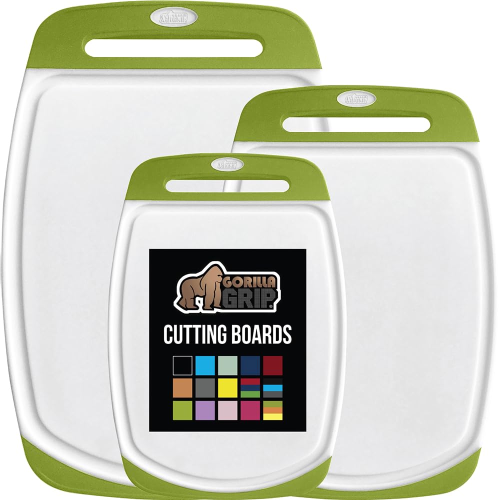 BPA-Free Reversible Kitchen Cutting Board Set of 3, US Designed, Nonporous, Juice Grooves Catch Liquid, Slip Resistant Border, Dishwasher Safe, Durable Food Chopping Boards, Lime Green