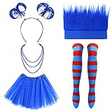 Keymall 5 Pieces Halloween Blue Costume Accessories Set With Blue Hairy Headband Striped Socks Tutu Skirt For Halloween Party (Set C)