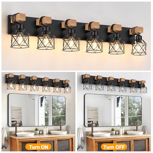 Image of FadimiKoo 6-Light Farmhouse Bathroom Lighting Fixtures, Wood Black Vanity Lights Over Mirror, Rustic Wall Sconces Lighting with Metal Lampshade, Vintage Wall Lights for Bedroom, Living Room, Hallway