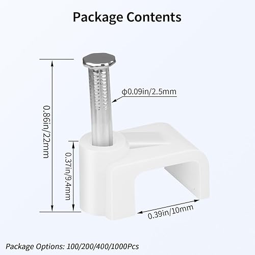 Miniatura 2 de LeMotech Clips para cables planos, 200 clips de pared de alambre de 0.394 pulgadas con clavos de acero, abrazaderas coaxiales para gestión de cables
