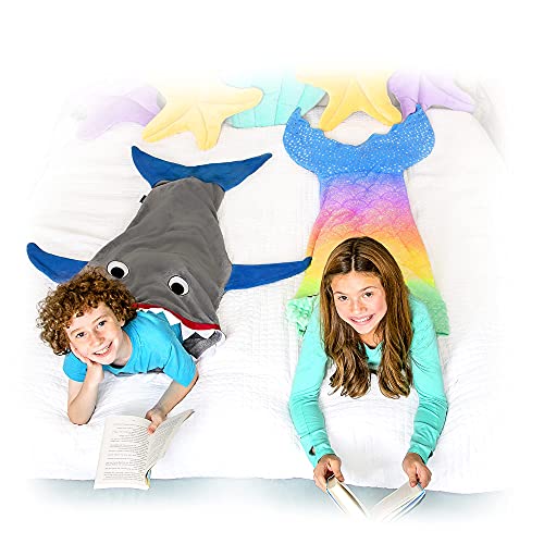 Blankie Tails | Kids Mermaid Blanket & Shark Blanket Party Pack- 2 of our Favorite Blankie Tails in One Bundle Featuring our Rainbow Mermaid Tail Blanket (+ bonus sleep mask) & Kids Shark Tail Wearabl