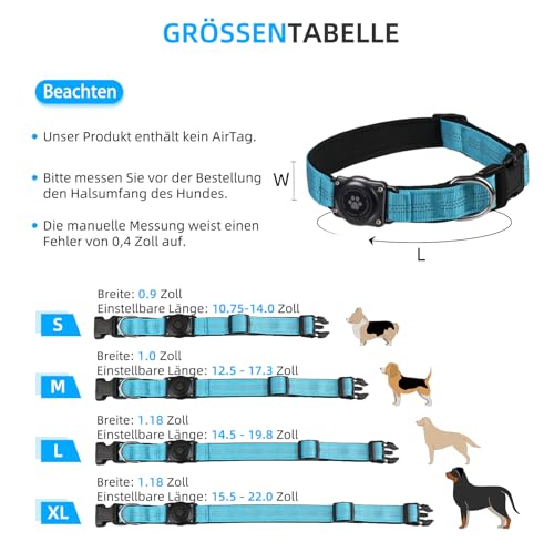 JIARUI AirTag Hundehalsband, IP68 wasserdichte Integriertes Apple Air Tag Halter Hundehalsband mit AirTag Halter, Reflektierend, Besonders haltbar, Hundehalsbänder für mittlere große Hunde [Blau,M]