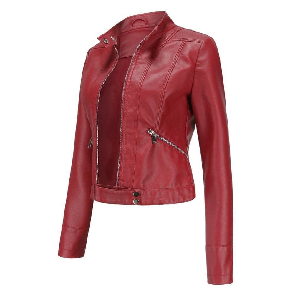 Blouson Cuir Court Femme, Col Montant Printemps Et Automne, Blouson Cuir, Blouson Cuir Fin TransfrontalierVin rouge, 3XL