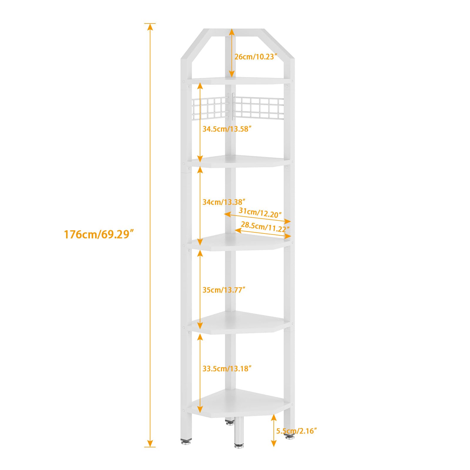 YMYNY Scaffale angolare a 5 ripiani, altezza 176 cm, scaffale multiuso per piante, per soggiorno, bagno, cucina, camera da letto, ufficio, stile industriale bianco HBR006W