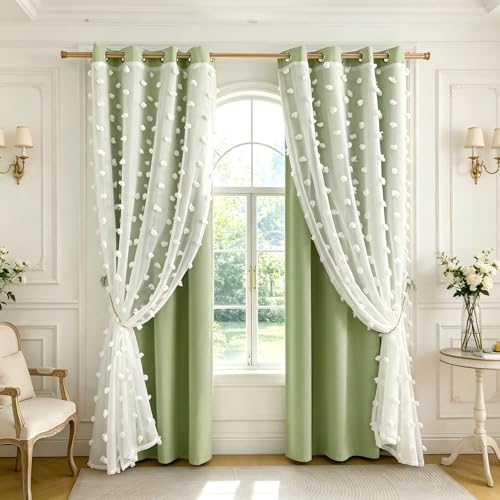Image of Green Room Darkening Curtain for Girls Nursery Bedroom 52x54 Inch | 80% Blackout Double Layer Curtains with Pom Pom Sheer Overlay, Grommet Privacy Drapes for Toddler Bedroom Decor, 2 Panels