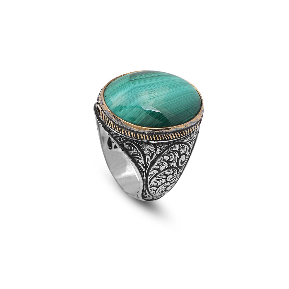Anello di Malachite Uomo in Argento 925 – Stile Ottomano Vintage, Pietra Preziosa Lucida, Anello Inciso Fatto a Mano, Anello di Fidanzamento con Panno Pulizia Argento Adeau (24)