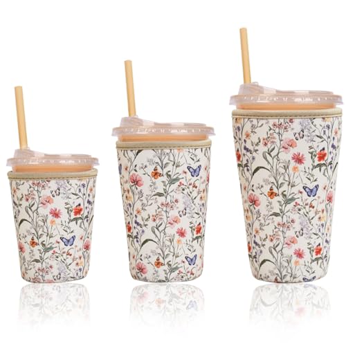 Image of Reusable Insulated Sleeve for Iced Coffee Cup, 3-Pack Coffee Neoprene Drink Sleeve for Cold & Hot Drinks, Beverage Holder for Iced Coffee (Floral Butterflies)