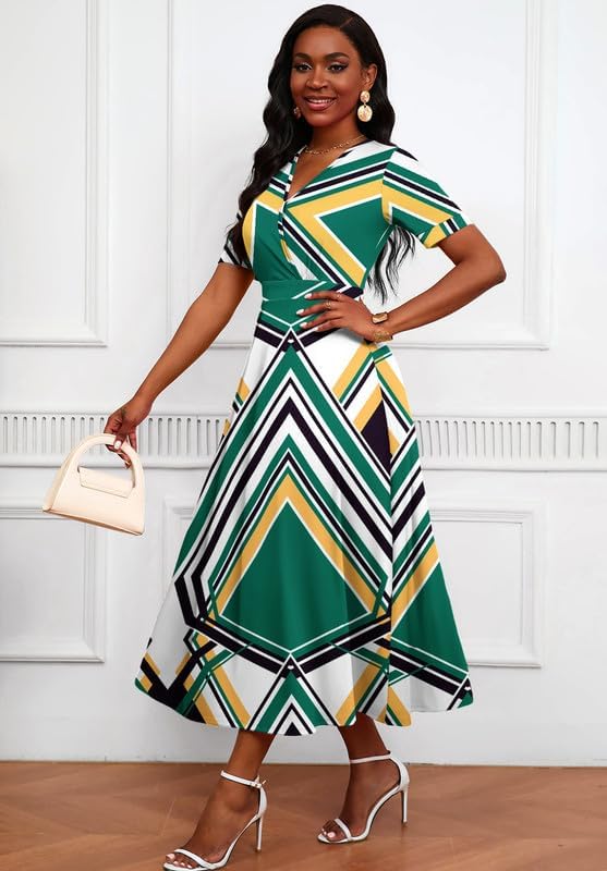 Image of MarryUP Women's Midi Dresses - V Neck Cocktail & Church Tea Dresses - Short Sleeve A-Line Swing Dress