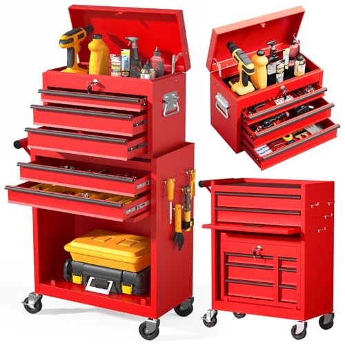 LegacyAmerhome 5-Drawer Rolling Tool Chest with Wheels, 2 in 1 Lockable Tool Box with Drawers, Detachable Top Cabinet & Storage Cart, Steel Tool Cart with Liner & Hooks for Workshop, Warehouse