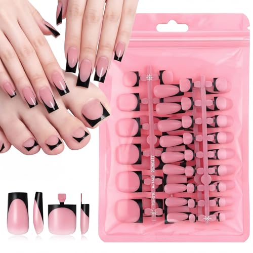 60 Pcs Black French Tip Press on Toe Nails Medium Square Fake Toenails Black Full Cover Toe Nail Press On Glue on Acrylic Full Cover False Nail for Women Manicure