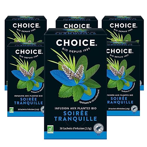CHOICE - Soirée Tranquille, Infusion aux Plantes, 100% Bio, Apaisant & Réconfortant, récolté à la main, 120 (6x20) Sachets de Thé thermosoudés et sans Agrafe