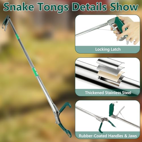 Image of 50 Inch Collapsible Snake Tongs, Heavy Duty Rust Proof Stainless Steel Snake Grabber Tool with Non-Slip Rubber Coated Jaw & Handle, 3-Section Folding Reptile Catcher for Catching & Wildlife Handling