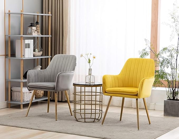 Image of Yellow Velvet Chair for Home | Modern Accent Armchair in Soft Velvet Fabric with Golden Legs | Set of 2 Premium Accent Chair for Living Room Bedroom Restaurent | Yellow, 2 pc