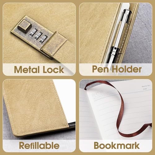 Image of Diary with Lock, A5 PU Leather Journal with lock, 240 Pages, Vintage Lock Journal with Pen & Gift Box, Lockable Diary for Women and Men, 8.6 x 5.8 Inches (Golden)