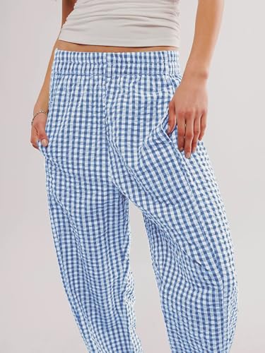 Image of YKR Plaid Pants for Women Gingham Lounge Wide Leg Low Waist Pajama Pants Elastic Waist Trousers with Pocket